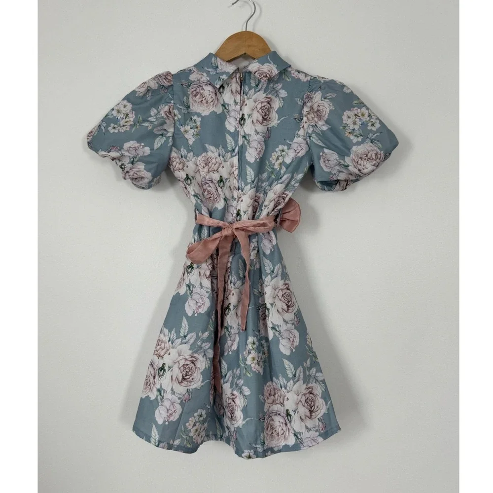 Peppermint Floral Dress Kids‎ Size 6-7Y Blue Pink Vintage Puff Sleeve Bow Sash